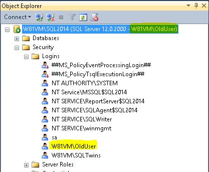 Screenshot showing the use of an existing windows login for authentication into a SQL Server instance.