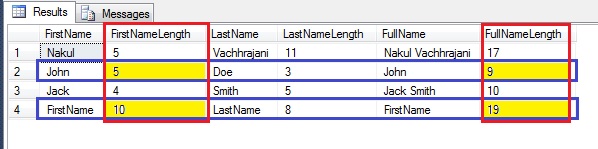 Screenshot showing the length of the strings in the table