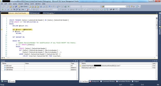 Showing how to debug a DML trigger by stepping into a DML trigger during a SSMS T-SQL Debugging session