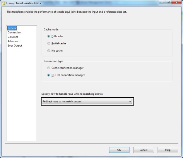 LookUp Transformation - General configuration (Notice redirection to no match output)
