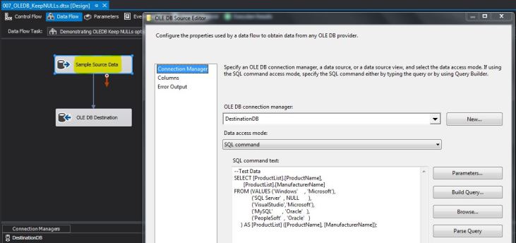 Using a test data query in the OLE DB source command