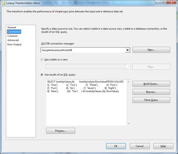 Lookup Transformation - Connection tab showing reference values