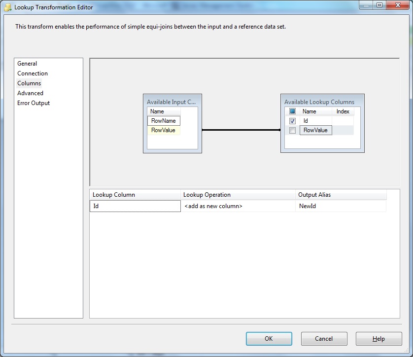 Lookup Transformation - Columns configuration showing "RowValue" used for matching whereas the reference Id is fetched to include in output