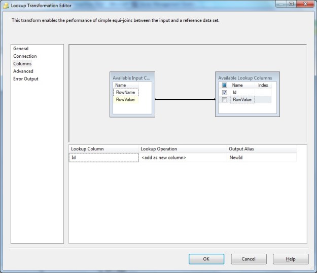 Lookup Transformation - Columns configuration showing "RowValue" used for matching whereas the reference Id is fetched to include in output