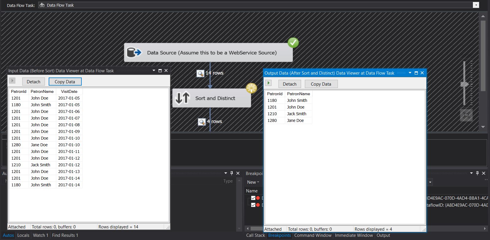 Demonstrating the ability of a SORT transformation to perform a DISTINCT on the data