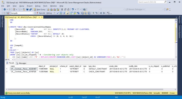 Screenshots showing that objects have been given default constraint names by SQL Server in case a name was not supplied by the user